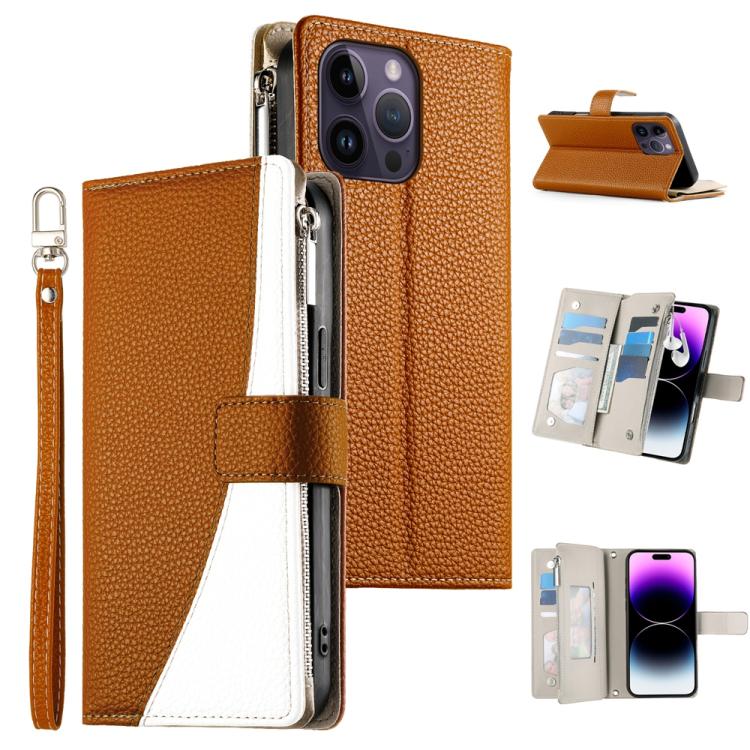 Stitching Multi-card Zipper Wallet Leather Phone Case with Short Strap, For iPhone 14 Pro Max, For iPhone SE 2022 / SE 2020 / 8 / 7, For iPhone 13 Pro Max, For iPhone 13 Pro, For iPhone 13 mini, For iPhone 12 / 12 Pro, For iPhone 12 Pro Max            ...