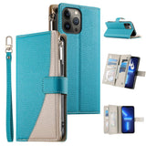 Stitching Multi-card Zipper Wallet Leather Phone Case with Short Strap, For iPhone 14 Pro Max, For iPhone SE 2022 / SE 2020 / 8 / 7, For iPhone 13 Pro Max, For iPhone 13 Pro, For iPhone 13 mini, For iPhone 12 / 12 Pro, For iPhone 12 Pro Max            ...
