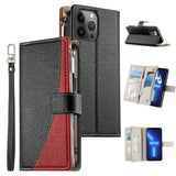 Stitching Multi-card Zipper Wallet Leather Phone Case with Short Strap, For iPhone 14 Pro Max, For iPhone SE 2022 / SE 2020 / 8 / 7, For iPhone 13 Pro Max, For iPhone 13 Pro, For iPhone 13 mini, For iPhone 12 / 12 Pro, For iPhone 12 Pro Max            ...