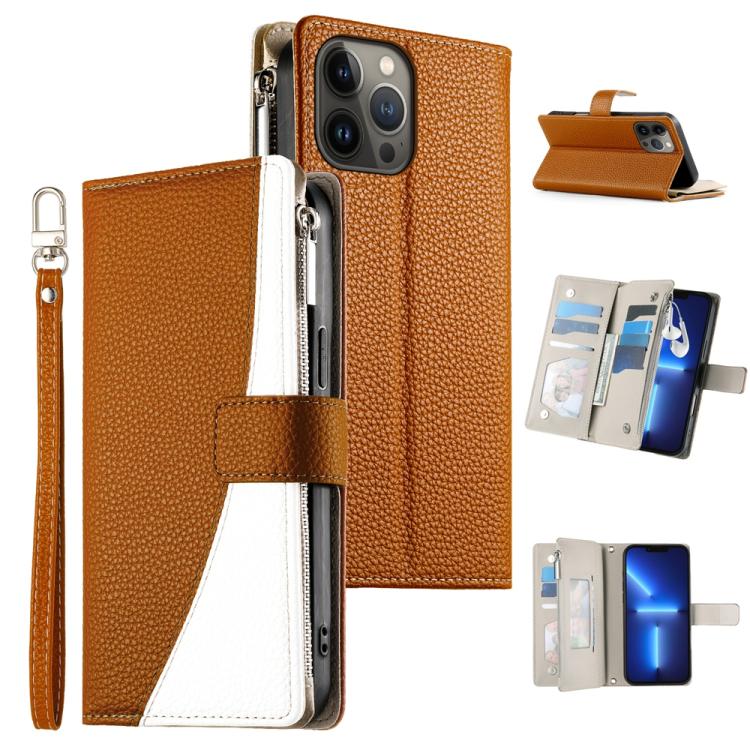 Stitching Multi-card Zipper Wallet Leather Phone Case with Short Strap, For iPhone 14 Pro Max, For iPhone SE 2022 / SE 2020 / 8 / 7, For iPhone 13 Pro Max, For iPhone 13 Pro, For iPhone 13 mini, For iPhone 12 / 12 Pro, For iPhone 12 Pro Max            ...