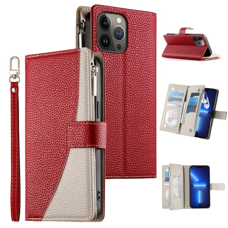 Stitching Multi-card Zipper Wallet Leather Phone Case with Short Strap, For iPhone 14 Pro Max, For iPhone SE 2022 / SE 2020 / 8 / 7, For iPhone 13 Pro Max, For iPhone 13 Pro, For iPhone 13 mini, For iPhone 12 / 12 Pro, For iPhone 12 Pro Max            ...