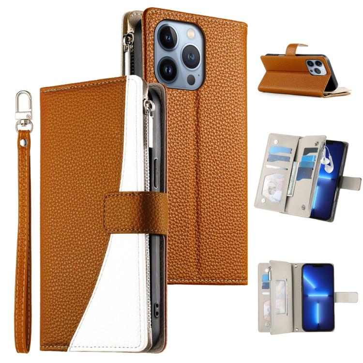 Stitching Multi-card Zipper Wallet Leather Phone Case with Short Strap, For iPhone 14 Pro Max, For iPhone SE 2022 / SE 2020 / 8 / 7, For iPhone 13 Pro Max, For iPhone 13 Pro, For iPhone 13 mini, For iPhone 12 / 12 Pro, For iPhone 12 Pro Max            ...