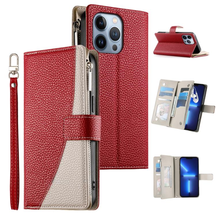 Stitching Multi-card Zipper Wallet Leather Phone Case with Short Strap, For iPhone 14 Pro Max, For iPhone SE 2022 / SE 2020 / 8 / 7, For iPhone 13 Pro Max, For iPhone 13 Pro, For iPhone 13 mini, For iPhone 12 / 12 Pro, For iPhone 12 Pro Max            ...
