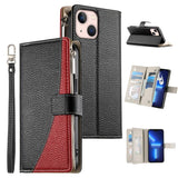 Stitching Multi-card Zipper Wallet Leather Phone Case with Short Strap, For iPhone 14 Pro Max, For iPhone SE 2022 / SE 2020 / 8 / 7, For iPhone 13 Pro Max, For iPhone 13 Pro, For iPhone 13 mini, For iPhone 12 / 12 Pro, For iPhone 12 Pro Max            ...