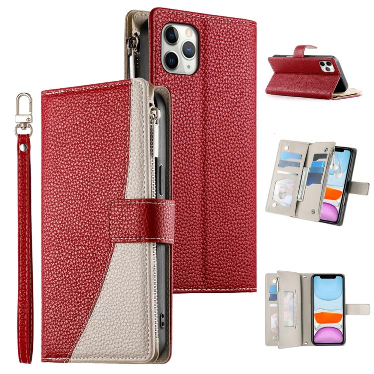 Stitching Multi-card Zipper Wallet Leather Phone Case with Short Strap, For iPhone 11 Pro Max, For iPhone 11, For iPhone 11 Pro, For iPhone X / XS, For iPhone XR, For iPhone XS Max, For iPhone 8 Plus / 7 Plus