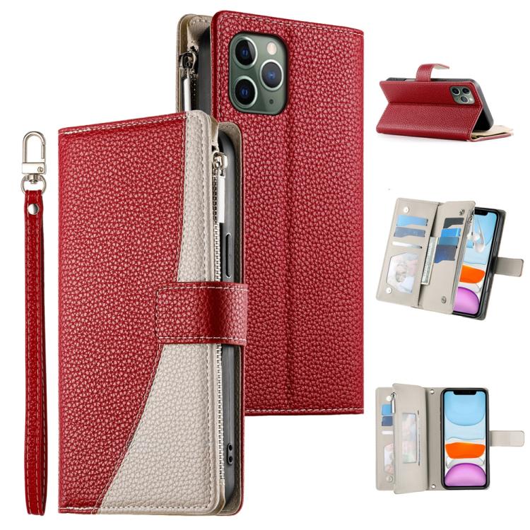 Stitching Multi-card Zipper Wallet Leather Phone Case with Short Strap, For iPhone 11 Pro Max, For iPhone 11, For iPhone 11 Pro, For iPhone X / XS, For iPhone XR, For iPhone XS Max, For iPhone 8 Plus / 7 Plus