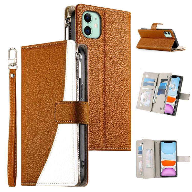 Stitching Multi-card Zipper Wallet Leather Phone Case with Short Strap, For iPhone 11 Pro Max, For iPhone 11, For iPhone 11 Pro, For iPhone X / XS, For iPhone XR, For iPhone XS Max, For iPhone 8 Plus / 7 Plus