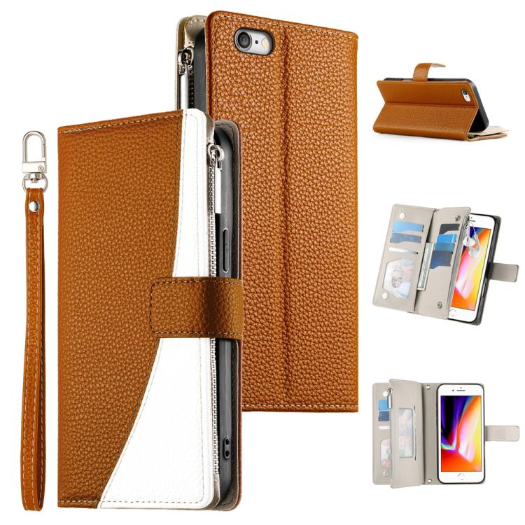Stitching Multi-card Zipper Wallet Leather Phone Case with Short Strap, For iPhone 14 Pro Max, For iPhone SE 2022 / SE 2020 / 8 / 7, For iPhone 13 Pro Max, For iPhone 13 Pro, For iPhone 13 mini, For iPhone 12 / 12 Pro, For iPhone 12 Pro Max            ...