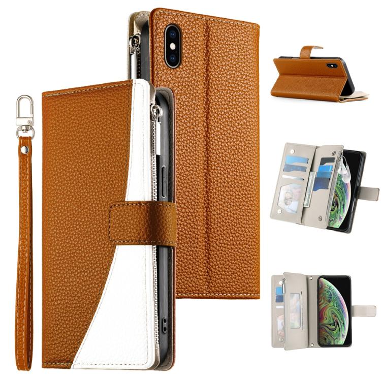 Stitching Multi-card Zipper Wallet Leather Phone Case with Short Strap, For iPhone 11 Pro Max, For iPhone 11, For iPhone 11 Pro, For iPhone X / XS, For iPhone XR, For iPhone XS Max, For iPhone 8 Plus / 7 Plus