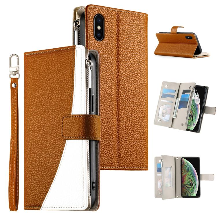 Stitching Multi-card Zipper Wallet Leather Phone Case with Short Strap, For iPhone 11 Pro Max, For iPhone 11, For iPhone 11 Pro, For iPhone X / XS, For iPhone XR, For iPhone XS Max, For iPhone 8 Plus / 7 Plus