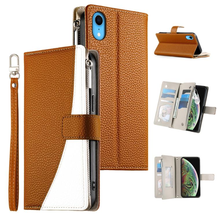 Stitching Multi-card Zipper Wallet Leather Phone Case with Short Strap, For iPhone 11 Pro Max, For iPhone 11, For iPhone 11 Pro, For iPhone X / XS, For iPhone XR, For iPhone XS Max, For iPhone 8 Plus / 7 Plus