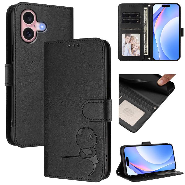 Litter Panda Embossing RFID Leather Phone Case with Lanyard, For iPhone 16, For iPhone 15 Pro Max, For iPhone 15 Pro, For iPhone 15 Plus, For iPhone 15, For iPhone 14 Plus, For iPhone 14 / 13, For iPhone 14 Pro