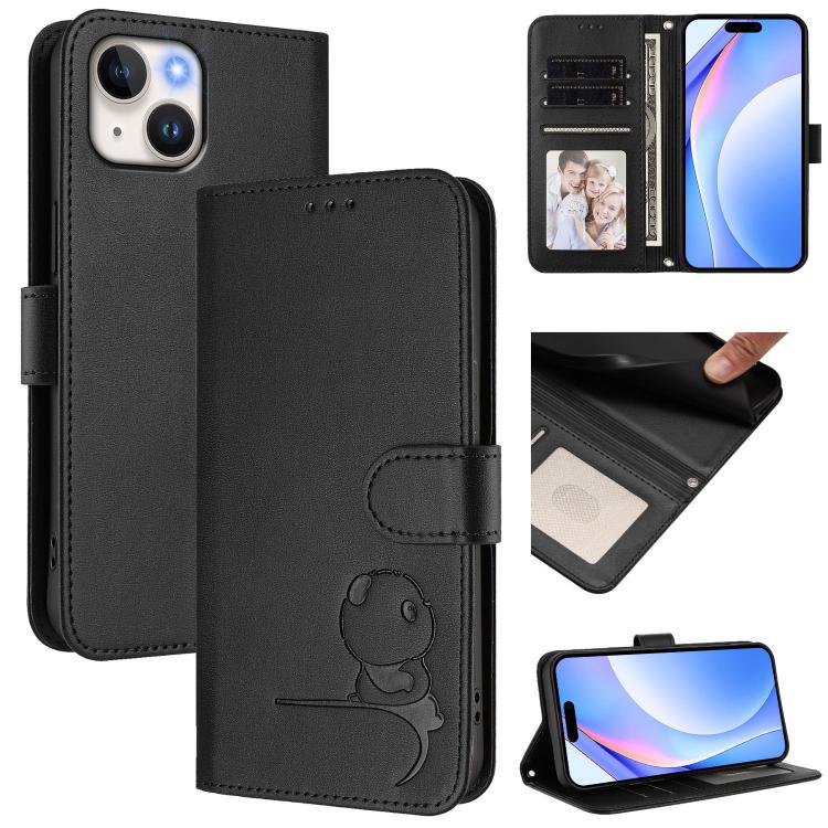 Litter Panda Embossing RFID Leather Phone Case with Lanyard, For iPhone 16, For iPhone 15 Pro Max, For iPhone 15 Pro, For iPhone 15 Plus, For iPhone 15, For iPhone 14 Plus, For iPhone 14 / 13, For iPhone 14 Pro