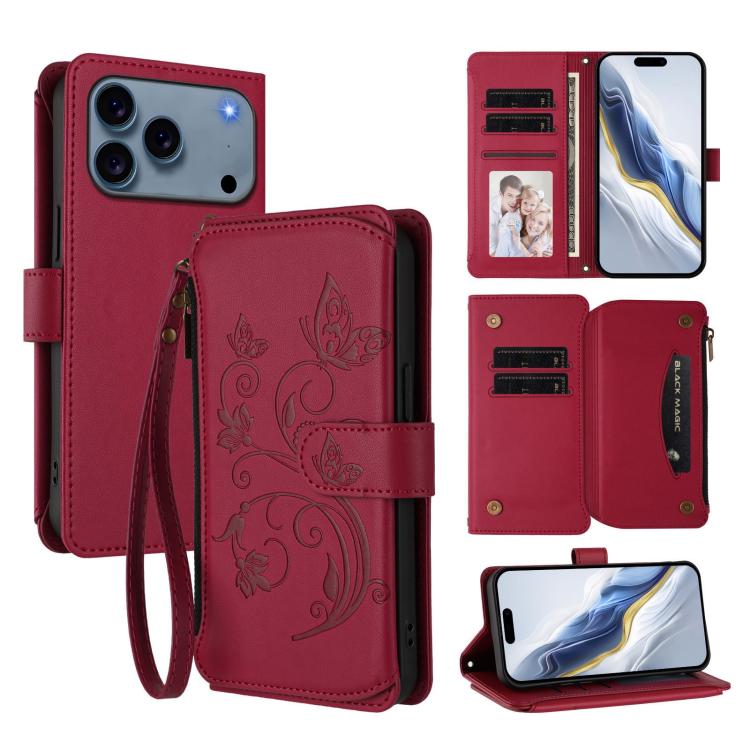 Butterfly Love Flower Multi-card Zipper Wallet Leather Phone Case, For iPhone 17e / 16e, For iPhone 17 Pro Max, For iPhone 17 Pro, For iPhone 17, For iPhone Air, For iPhone 16 Pro Max