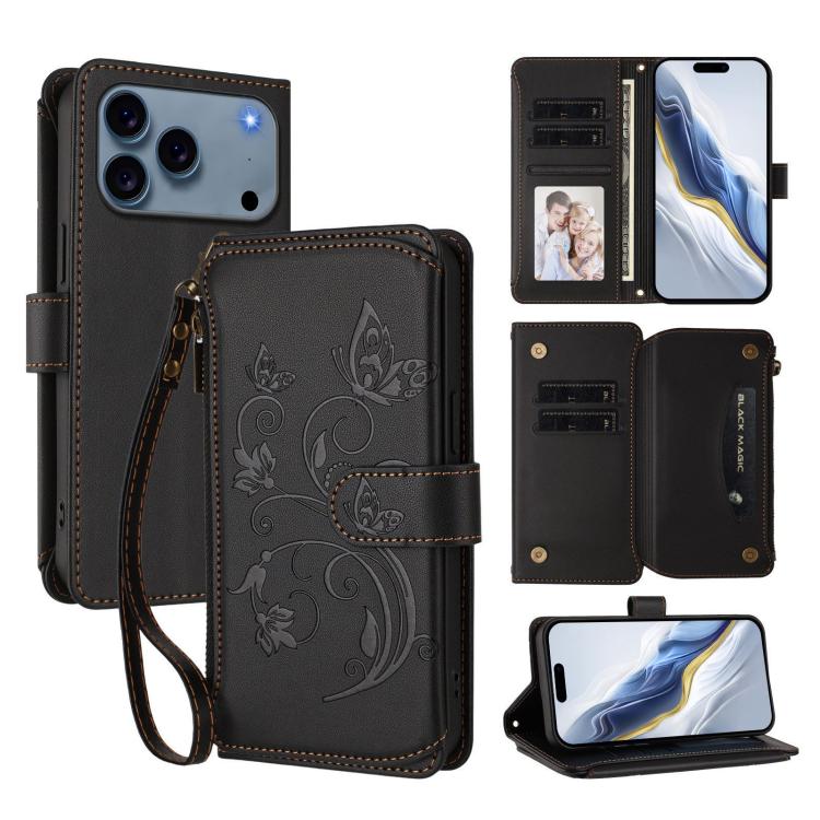 Butterfly Love Flower Multi-card Zipper Wallet Leather Phone Case, For iPhone 17e / 16e, For iPhone 17 Pro Max, For iPhone 17 Pro, For iPhone 17, For iPhone Air, For iPhone 16 Pro Max