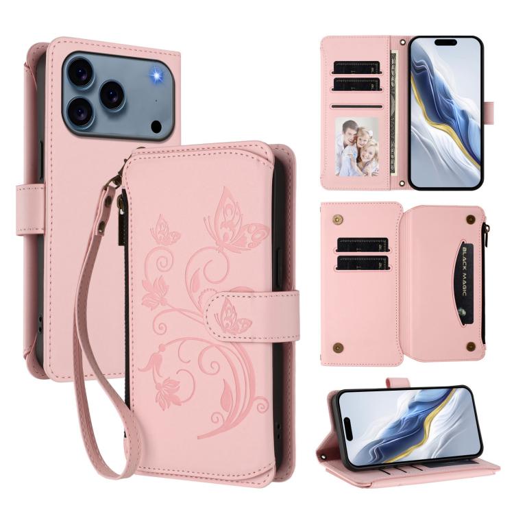 Butterfly Love Flower Multi-card Zipper Wallet Leather Phone Case, For iPhone 17e / 16e, For iPhone 17 Pro Max, For iPhone 17 Pro, For iPhone 17, For iPhone Air, For iPhone 16 Pro Max