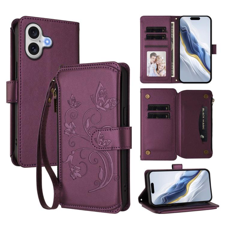Butterfly Love Flower Multi-card Zipper Wallet Leather Phone Case, For iPhone 17e / 16e, For iPhone 17 Pro Max, For iPhone 17 Pro, For iPhone 17, For iPhone Air, For iPhone 16 Pro Max
