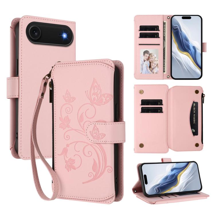 Butterfly Love Flower Multi-card Zipper Wallet Leather Phone Case, For iPhone 17e / 16e, For iPhone 17 Pro Max, For iPhone 17 Pro, For iPhone 17, For iPhone Air, For iPhone 16 Pro Max