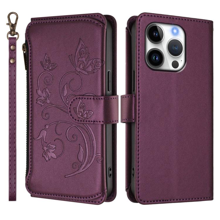 Butterfly Love Flower Multi-card Zipper Wallet Leather Phone Case, For iPhone 16 Pro, For iPhone 16 Plus, For iPhone 16, For iPhone 15 Pro Max, For iPhone 15 Pro, For iPhone 15 Plus