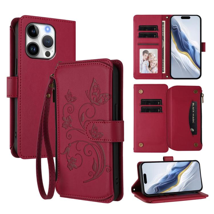 Butterfly Love Flower Multi-card Zipper Wallet Leather Phone Case, For iPhone 16 Pro, For iPhone 16 Plus, For iPhone 16, For iPhone 15 Pro Max, For iPhone 15 Pro, For iPhone 15 Plus