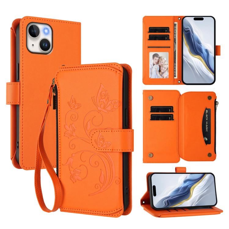 Butterfly Love Flower Multi-card Zipper Wallet Leather Phone Case, For iPhone 16 Pro, For iPhone 16 Plus, For iPhone 16, For iPhone 15 Pro Max, For iPhone 15 Pro, For iPhone 15 Plus