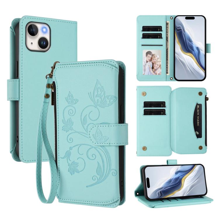 Butterfly Love Flower Multi-card Zipper Wallet Leather Phone Case, For iPhone 16 Pro, For iPhone 16 Plus, For iPhone 16, For iPhone 15 Pro Max, For iPhone 15 Pro, For iPhone 15 Plus
