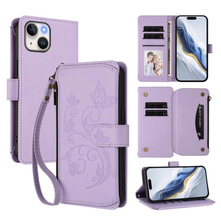 Butterfly Love Flower Multi-card Zipper Wallet Leather Phone Case, For iPhone 16 Pro, For iPhone 16 Plus, For iPhone 16, For iPhone 15 Pro Max, For iPhone 15 Pro, For iPhone 15 Plus