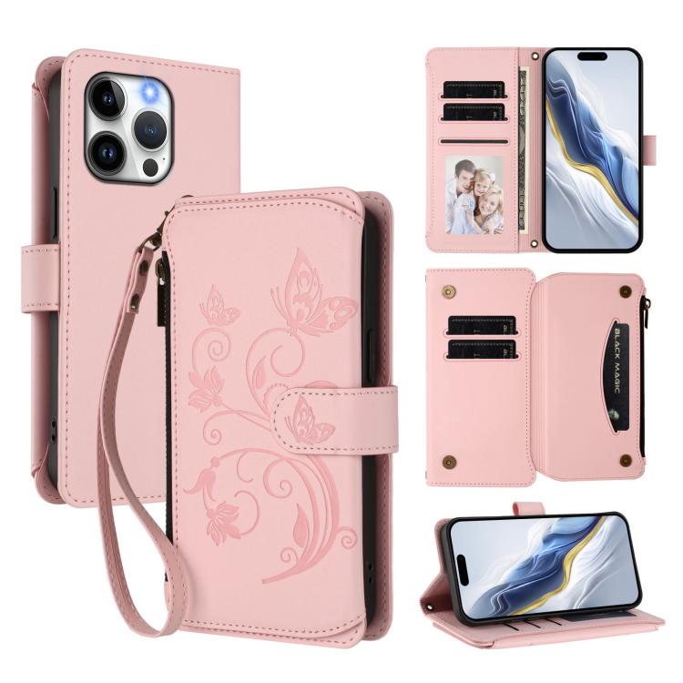 Butterfly Love Flower Multi-card Zipper Wallet Leather Phone Case, For iPhone 13 Pro Max, For iPhone 13 Pro, For iPhone 13 mini, For iPhone 12 / 12 Pro, For iPhone 12 Pro Max, For iPhone 12 mini