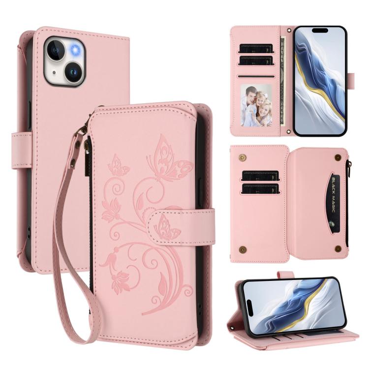 Butterfly Love Flower Multi-card Zipper Wallet Leather Phone Case, For iPhone 13 Pro Max, For iPhone 13 Pro, For iPhone 13 mini, For iPhone 12 / 12 Pro, For iPhone 12 Pro Max, For iPhone 12 mini