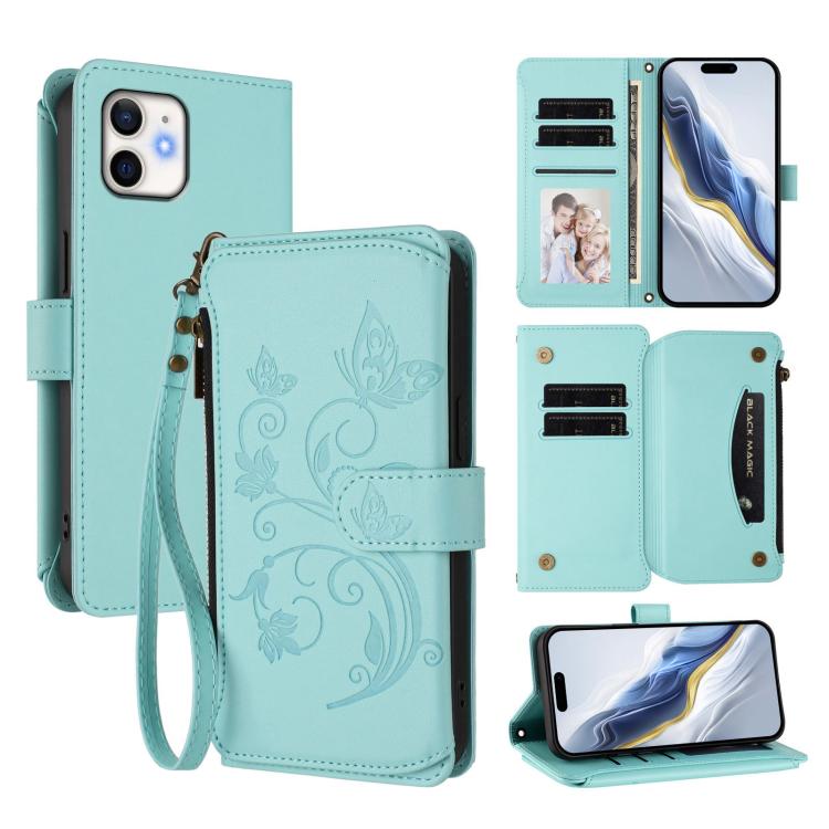 Butterfly Love Flower Multi-card Zipper Wallet Leather Phone Case, For iPhone 13 Pro Max, For iPhone 13 Pro, For iPhone 13 mini, For iPhone 12 / 12 Pro, For iPhone 12 Pro Max, For iPhone 12 mini