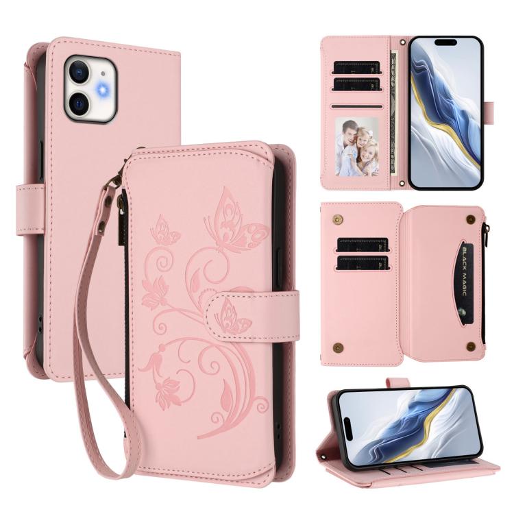 Butterfly Love Flower Multi-card Zipper Wallet Leather Phone Case, For iPhone 13 Pro Max, For iPhone 13 Pro, For iPhone 13 mini, For iPhone 12 / 12 Pro, For iPhone 12 Pro Max, For iPhone 12 mini