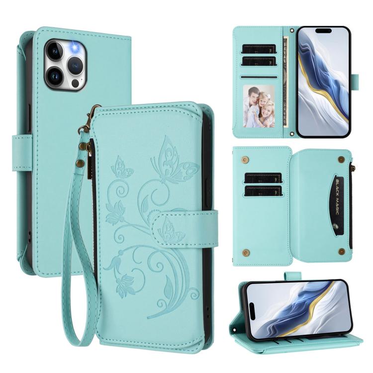 Butterfly Love Flower Multi-card Zipper Wallet Leather Phone Case, For iPhone 13 Pro Max, For iPhone 13 Pro, For iPhone 13 mini, For iPhone 12 / 12 Pro, For iPhone 12 Pro Max, For iPhone 12 mini