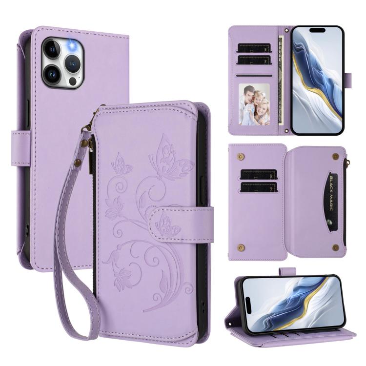 Butterfly Love Flower Multi-card Zipper Wallet Leather Phone Case, For iPhone 13 Pro Max, For iPhone 13 Pro, For iPhone 13 mini, For iPhone 12 / 12 Pro, For iPhone 12 Pro Max, For iPhone 12 mini