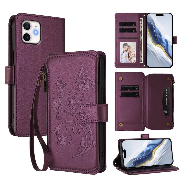 Butterfly Love Flower Multi-card Zipper Wallet Leather Phone Case, For iPhone 13 Pro Max, For iPhone 13 Pro, For iPhone 13 mini, For iPhone 12 / 12 Pro, For iPhone 12 Pro Max, For iPhone 12 mini