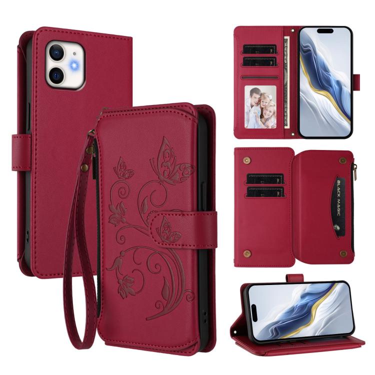 Butterfly Love Flower Multi-card Zipper Wallet Leather Phone Case, For iPhone 13 Pro Max, For iPhone 13 Pro, For iPhone 13 mini, For iPhone 12 / 12 Pro, For iPhone 12 Pro Max, For iPhone 12 mini