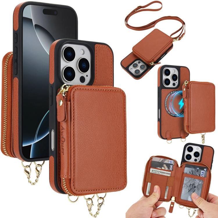 AwQuer 2 in 1 Crossbody Zipper Wallet Leather Back Phone Case, For iPhone 17 Pro Max, For iPhone 17 Pro, For iPhone 17, For iPhone Air, For iPhone 16 Pro Max, For iPhone 16 Pro