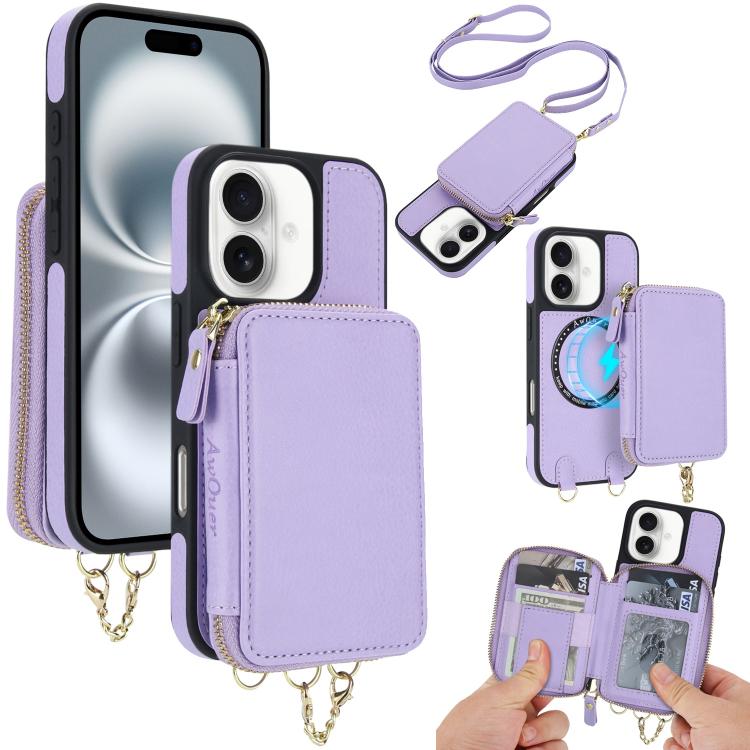 AwQuer 2 in 1 Crossbody Zipper Wallet Leather Back Phone Case, For iPhone 16 Plus, For iPhone 16, For iPhone 15 Pro Max, For iPhone 15 Pro, For iPhone 15 Plus, For iPhone 15