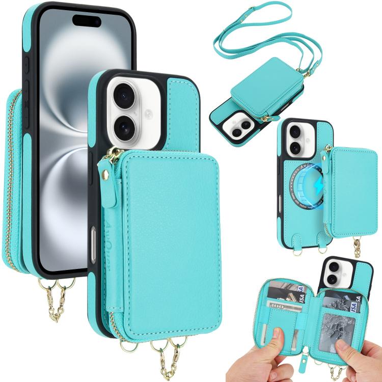 AwQuer 2 in 1 Crossbody Zipper Wallet Leather Back Phone Case, For iPhone 16 Plus, For iPhone 16, For iPhone 15 Pro Max, For iPhone 15 Pro, For iPhone 15 Plus, For iPhone 15