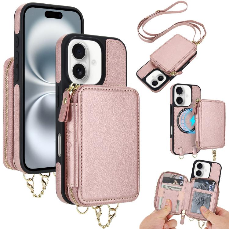 AwQuer 2 in 1 Crossbody Zipper Wallet Leather Back Phone Case, For iPhone 16 Plus, For iPhone 16, For iPhone 15 Pro Max, For iPhone 15 Pro, For iPhone 15 Plus, For iPhone 15