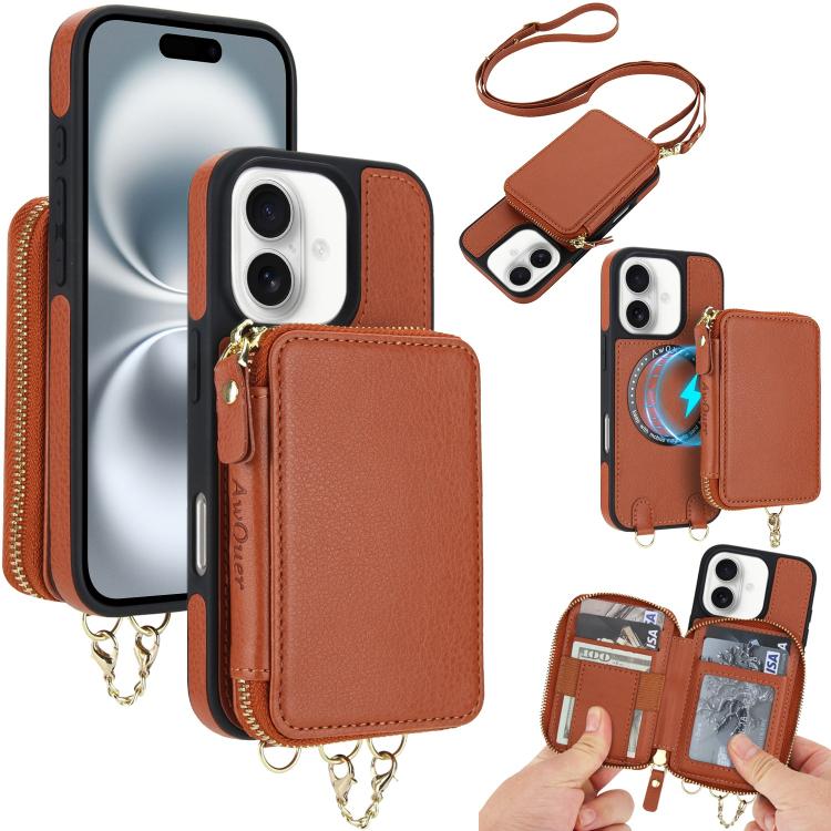 AwQuer 2 in 1 Crossbody Zipper Wallet Leather Back Phone Case, For iPhone 16 Plus, For iPhone 16, For iPhone 15 Pro Max, For iPhone 15 Pro, For iPhone 15 Plus, For iPhone 15