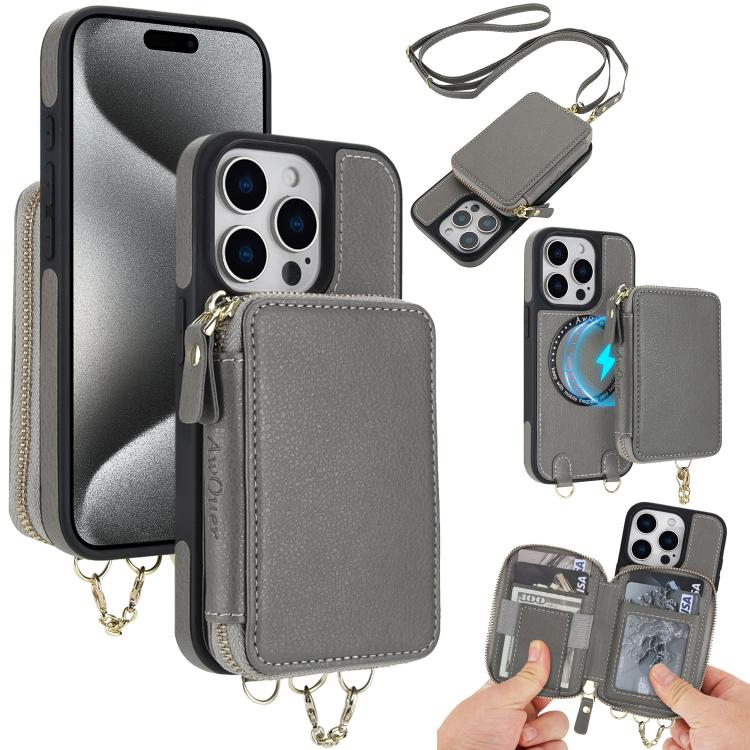 AwQuer 2 in 1 Crossbody Zipper Wallet Leather Back Phone Case, For iPhone 16 Plus, For iPhone 16, For iPhone 15 Pro Max, For iPhone 15 Pro, For iPhone 15 Plus, For iPhone 15