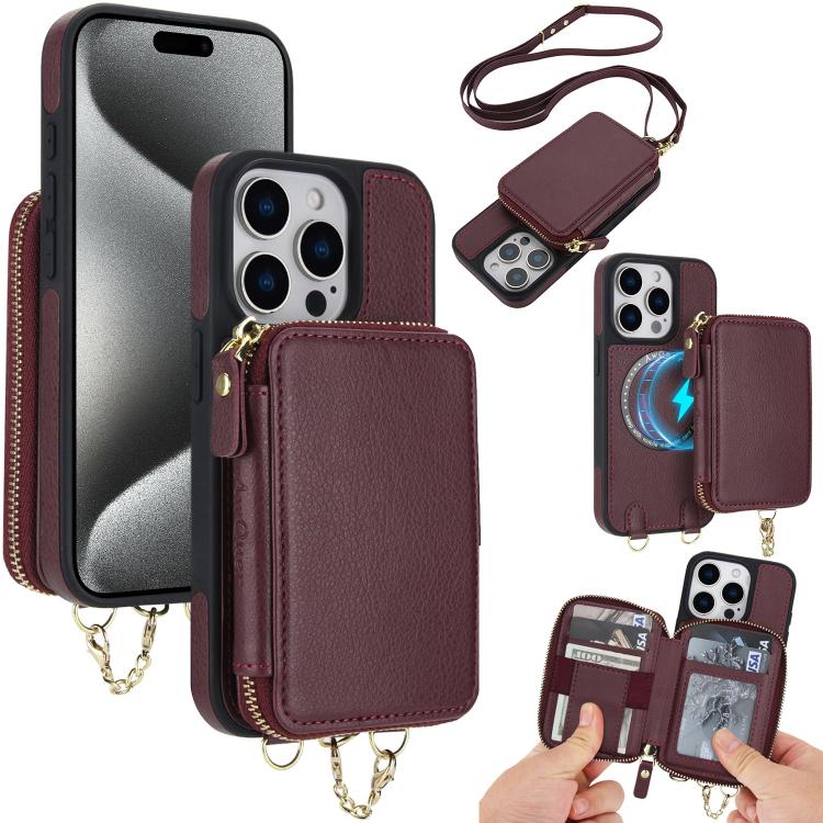 AwQuer 2 in 1 Crossbody Zipper Wallet Leather Back Phone Case, For iPhone 16 Plus, For iPhone 16, For iPhone 15 Pro Max, For iPhone 15 Pro, For iPhone 15 Plus, For iPhone 15