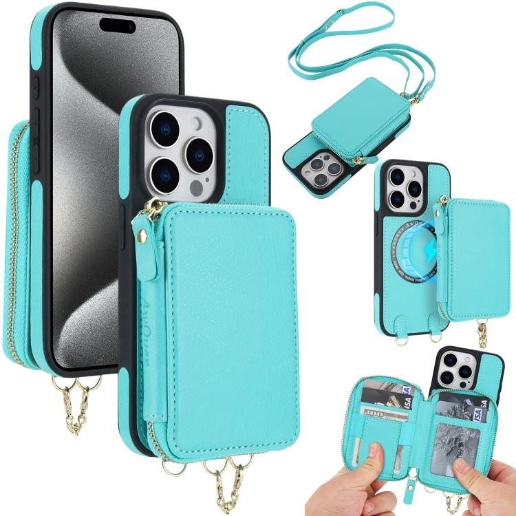 AwQuer 2 in 1 Crossbody Zipper Wallet Leather Back Phone Case, For iPhone 16 Plus, For iPhone 16, For iPhone 15 Pro Max, For iPhone 15 Pro, For iPhone 15 Plus, For iPhone 15