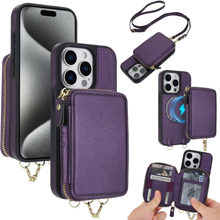 AwQuer 2 in 1 Crossbody Zipper Wallet Leather Back Phone Case, For iPhone 16 Plus, For iPhone 16, For iPhone 15 Pro Max, For iPhone 15 Pro, For iPhone 15 Plus, For iPhone 15