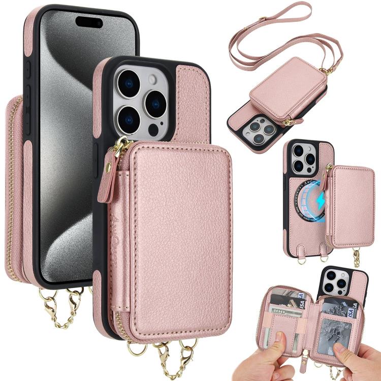 AwQuer 2 in 1 Crossbody Zipper Wallet Leather Back Phone Case, For iPhone 16 Plus, For iPhone 16, For iPhone 15 Pro Max, For iPhone 15 Pro, For iPhone 15 Plus, For iPhone 15