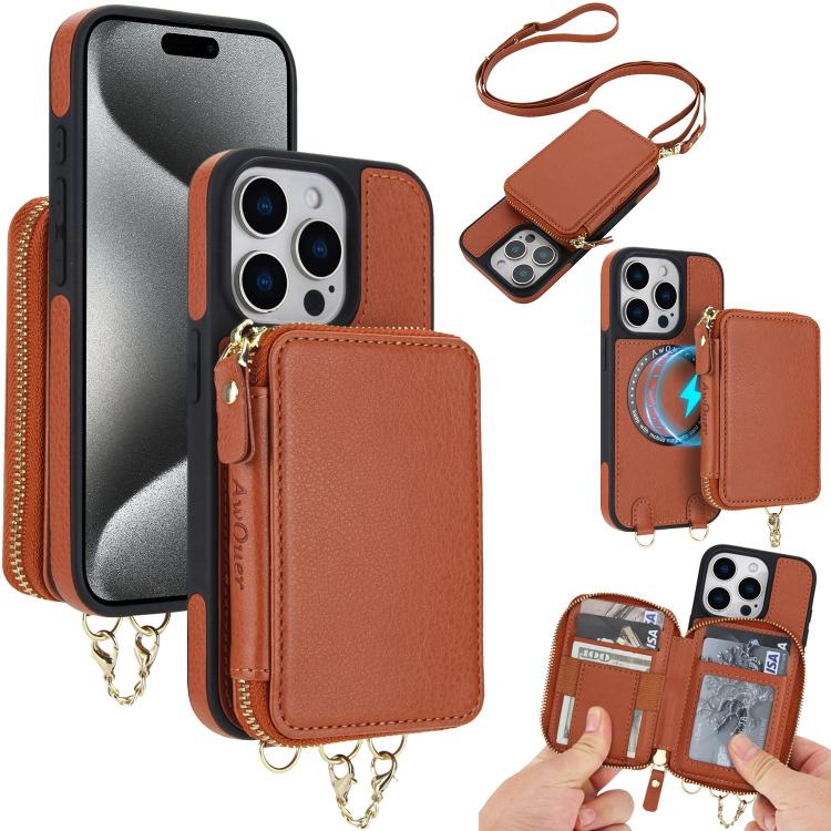 AwQuer 2 in 1 Crossbody Zipper Wallet Leather Back Phone Case, For iPhone 16 Plus, For iPhone 16, For iPhone 15 Pro Max, For iPhone 15 Pro, For iPhone 15 Plus, For iPhone 15