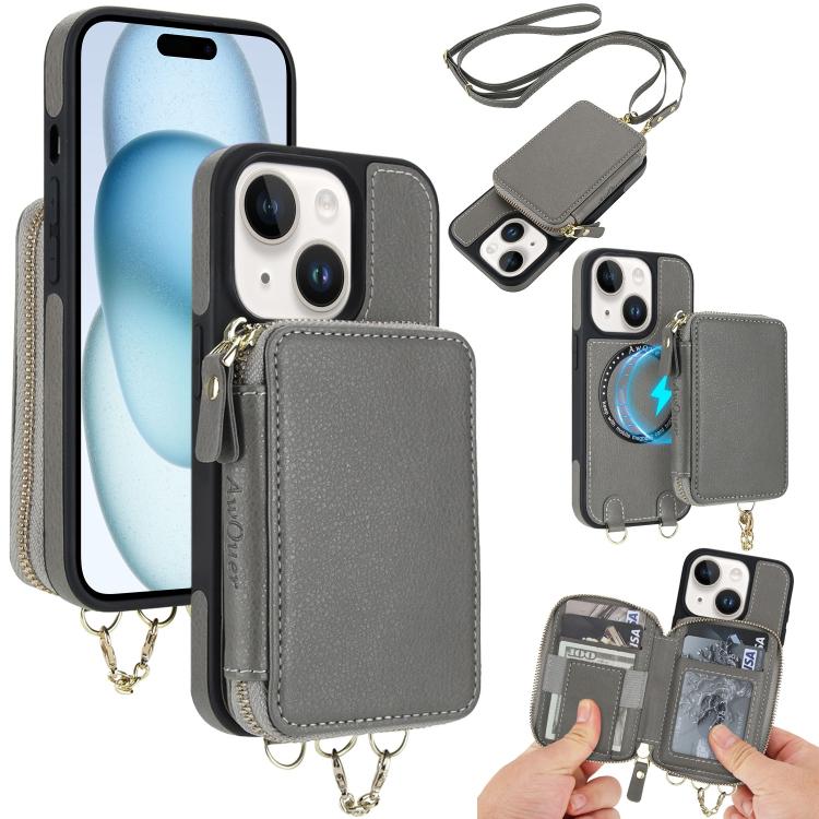 AwQuer 2 in 1 Crossbody Zipper Wallet Leather Back Phone Case, For iPhone 16 Plus, For iPhone 16, For iPhone 15 Pro Max, For iPhone 15 Pro, For iPhone 15 Plus, For iPhone 15