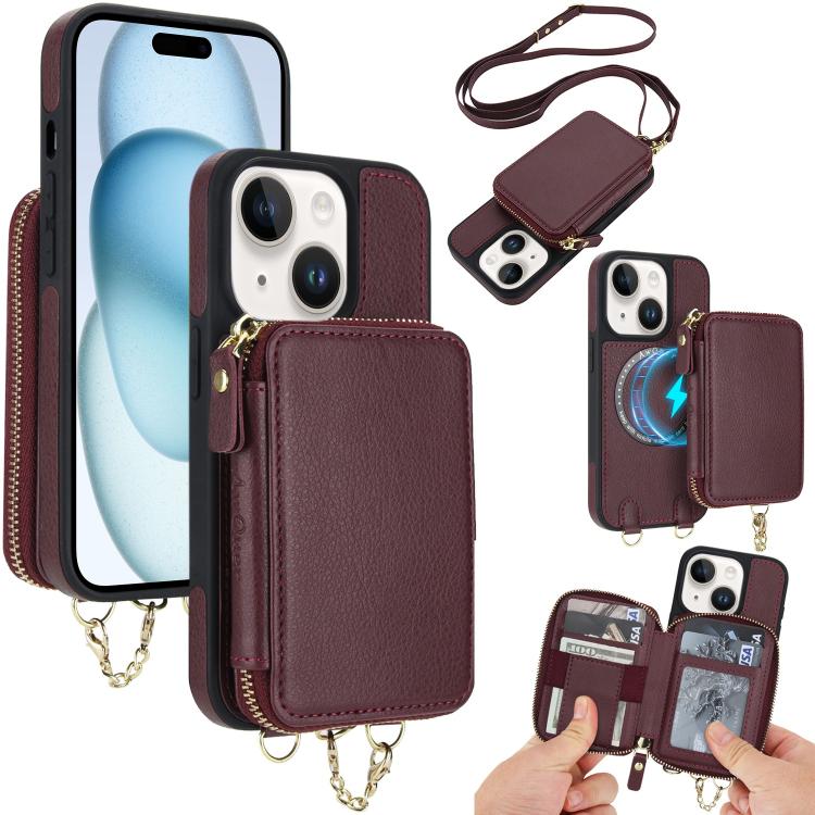 AwQuer 2 in 1 Crossbody Zipper Wallet Leather Back Phone Case, For iPhone 16 Plus, For iPhone 16, For iPhone 15 Pro Max, For iPhone 15 Pro, For iPhone 15 Plus, For iPhone 15