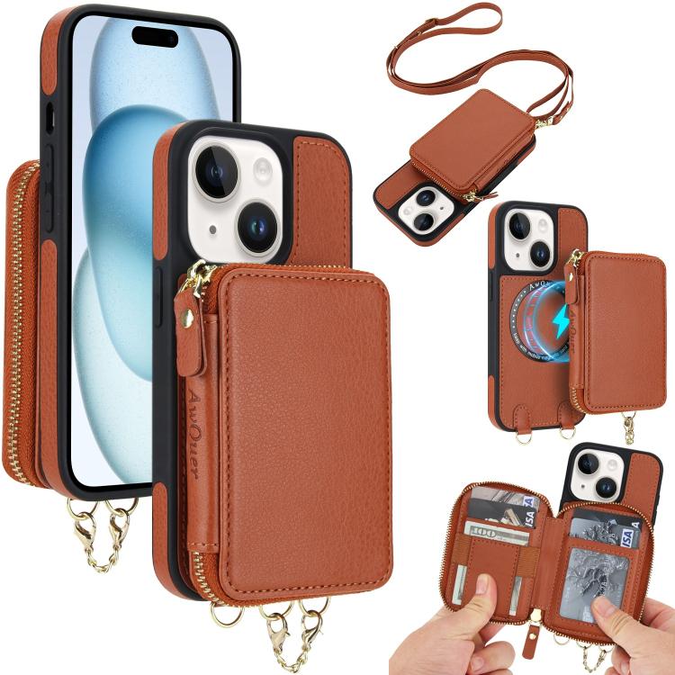 AwQuer 2 in 1 Crossbody Zipper Wallet Leather Back Phone Case, For iPhone 16 Plus, For iPhone 16, For iPhone 15 Pro Max, For iPhone 15 Pro, For iPhone 15 Plus, For iPhone 15