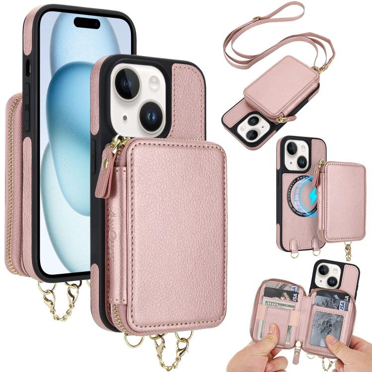 AwQuer 2 in 1 Crossbody Zipper Wallet Leather Back Phone Case, For iPhone 16 Plus, For iPhone 16, For iPhone 15 Pro Max, For iPhone 15 Pro, For iPhone 15 Plus, For iPhone 15